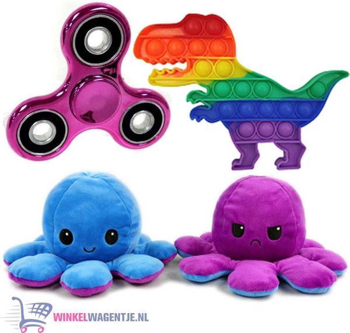 Pop It Fidget Toy Dino (Regenboog) + Chrome Fidget Spinner + Octopus Mood Knuffel (Paars/Blauw) | pop it fidget toy goedkoop, fidget toy, fidget toys pakket, fidget toys pop it, fidget toys stressbal, speelgoed voor kinderen, TikTok